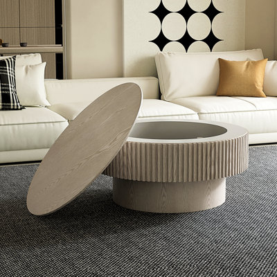 Table basse 31,5 "ronde avec rangement Table d'appoint moderne en placage de bois massif pour salon, chambre à coucher, appartement ou bureau, blanc rétro