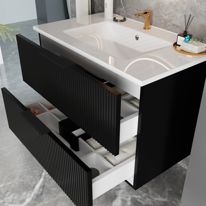 Meuble-lavabo mural cannelé moderne de 36 pouces avec lavabo et tiroirs en céramique, conception en U pour un drainage facile, utilisation de planches multicouches, grand espace de rangement pour économiser de l'espace au sol