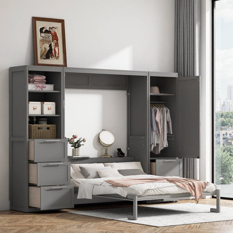 Grand lit escamotable avec placard intégré, tiroirs et tablettes de rangement | Lit mural peu encombrant, Gris