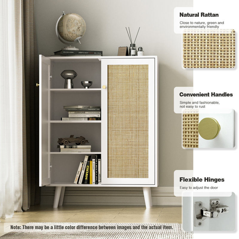 White Freestanding Rattan 2-Door Accent Cabinet with Adjustable Shelves