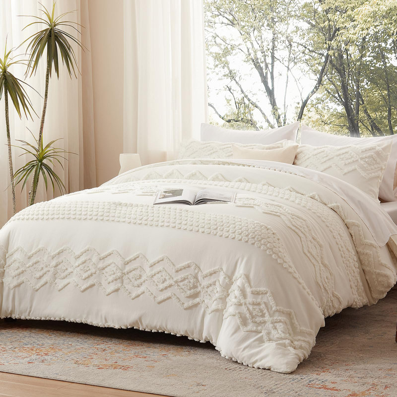 Ensemble d'édredon touffeté 3 pièces Boho Farmhouse, Ivoire blanc, Édredon pour très grand lit + 2 taies décorativ