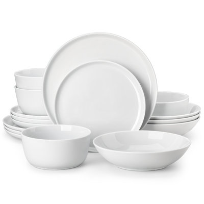 16-Piece White Ceramic Tableware Set ,Modern & Space-Saving Sleek Curved-Edge Design- Serves 4,Perfect For Home, Gifting &Entertaining