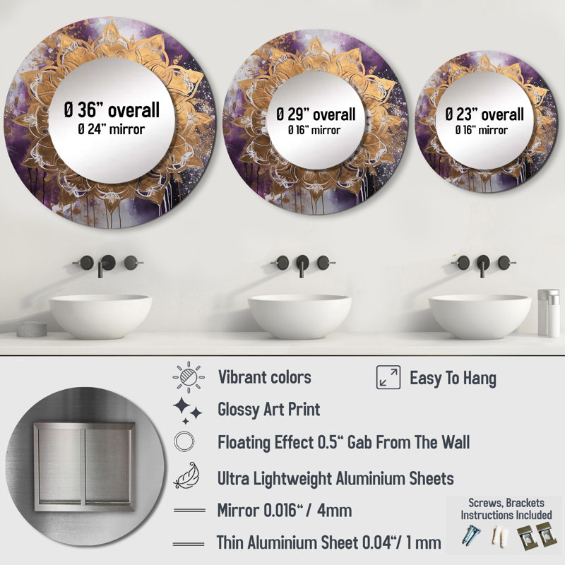 Guanche Purple And Gold Mandala II - Boho Mandala Unique Wall Mirror Decor, Traditional Large Round Mirror, Printed Metal Art