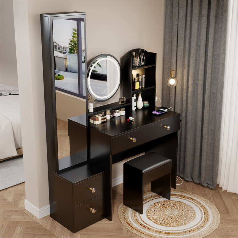 Armoire à miroir pleine grandeur + coiffeuse à miroir rond à DEL + tabouret rembourré, avec 2 centrales électriques + 2 centrales USB, miroir à DEL de 17 po de diamètre, commande tactile, 3 couleurs, luminosité réglable, grand bureau