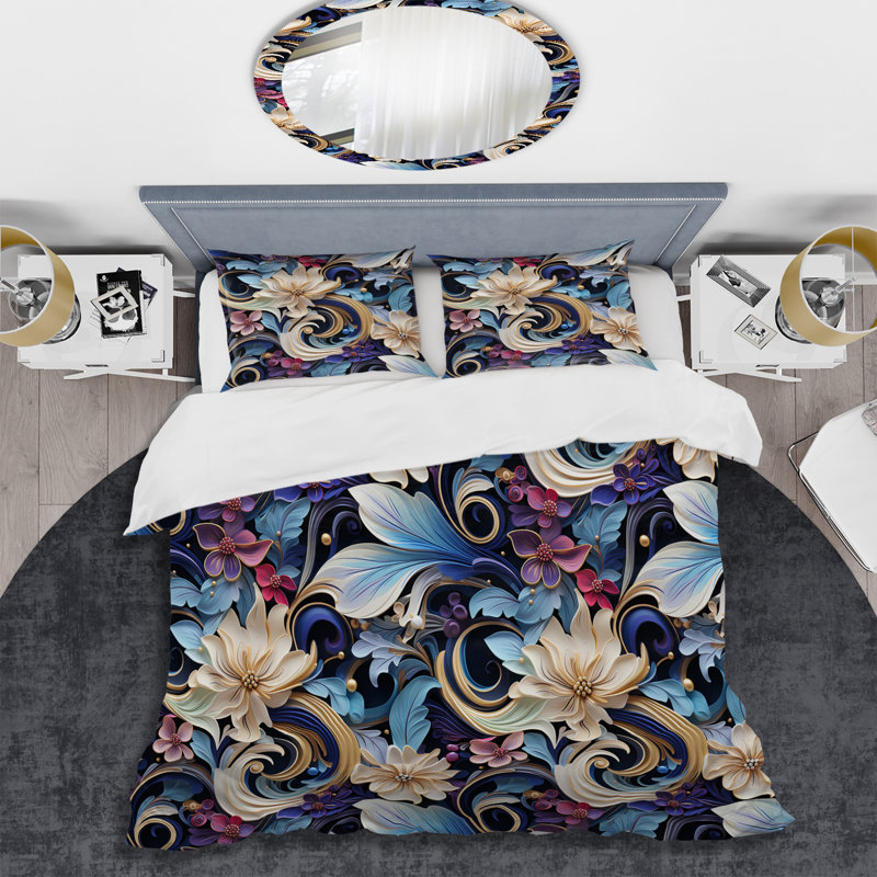 Ensemble de housse de couette à motif floral bleu et beige Paisley Elegance II