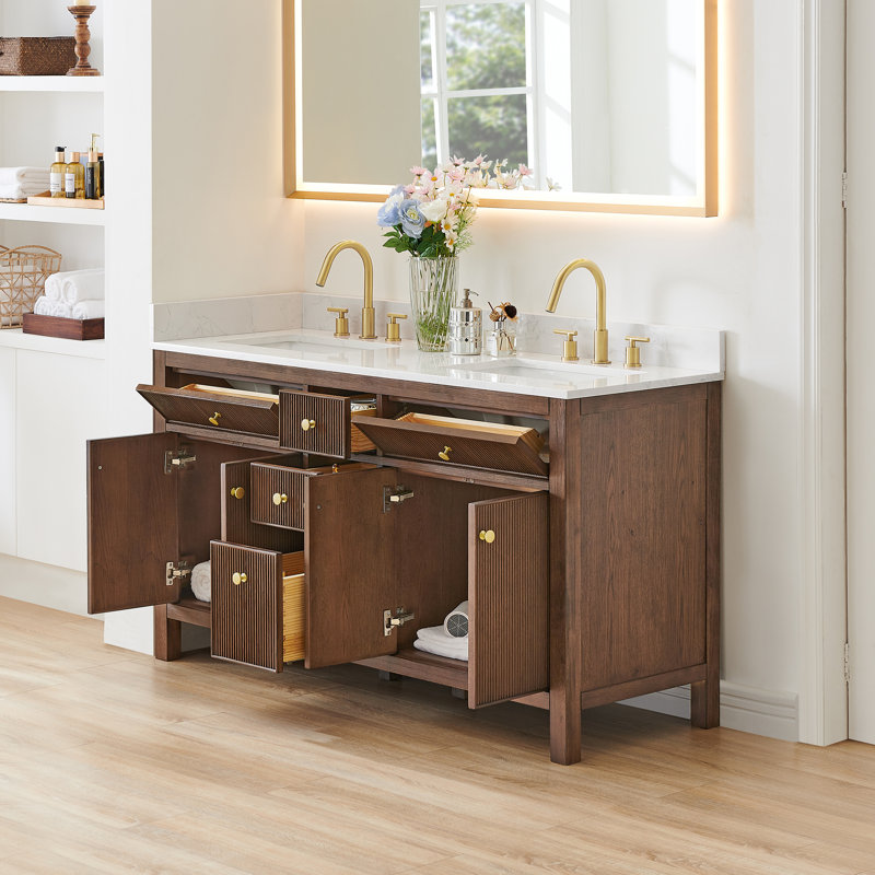 Lala 60" Double Bathroom Vanity with Grain White Engineered Stone Countertop without Mirror, Brown Brushed Oak