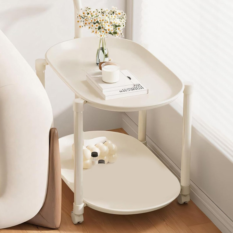 Mobile Side Table 2-tier Plastic Rolling Utility Cart W/handle & Wheels White