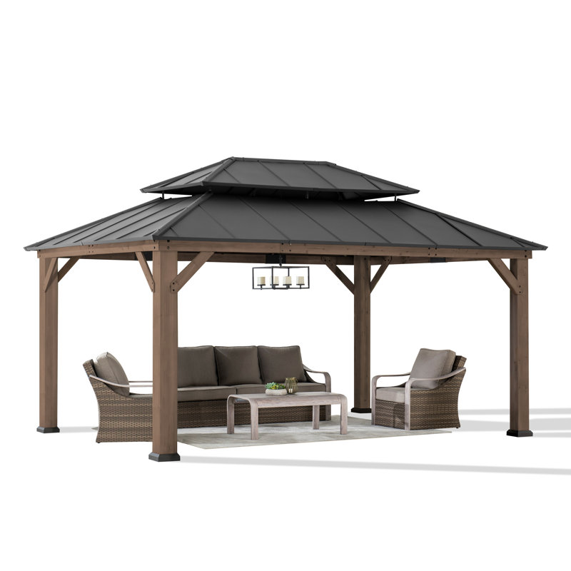 Sunjoy 12x16 ft. Wood Gazebo, Outdoor Patio Steel Hardtop Gazebo, Cedar Framed Wooden Gazebo with 2-tier Metal Roof, Suitable for Patios, Lawn, and Backyard, Dark Brown