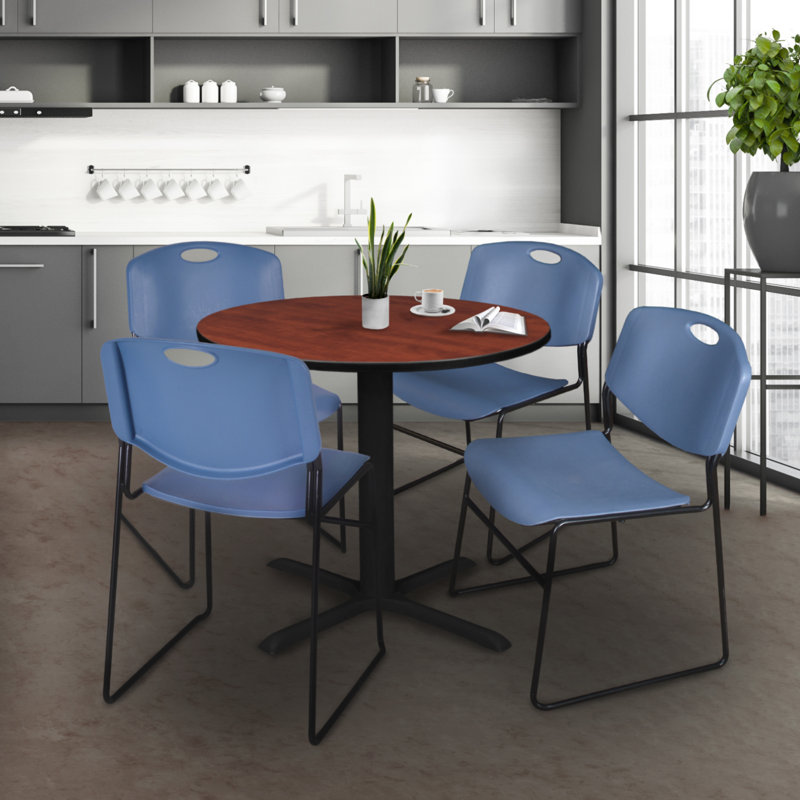 Cain Round X-Base Breakroom Table & 4 Zeng Stack Chairs, Cherry