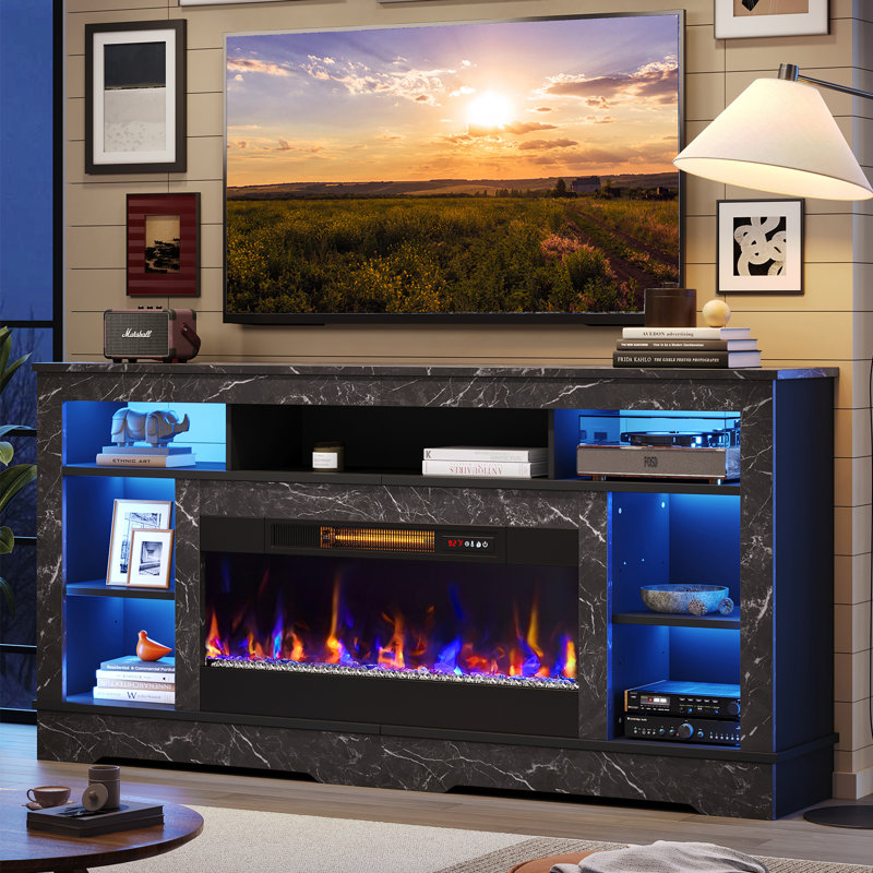 71'' Fireplace TV Stand with RGB LED Lighting and Open Storage for TVs up to 80'', Black