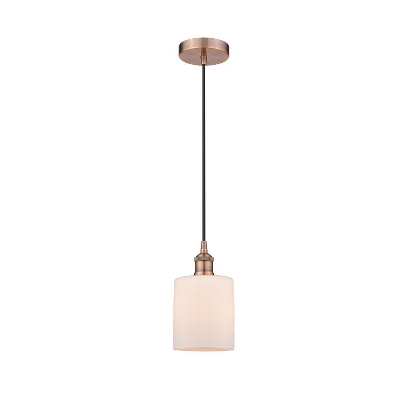 Luminaire suspendu tambour simple à 1 lumière Malcolm, H 9,75 po x l 5 po x P 5 po, Blanc mat, Cuivre antique