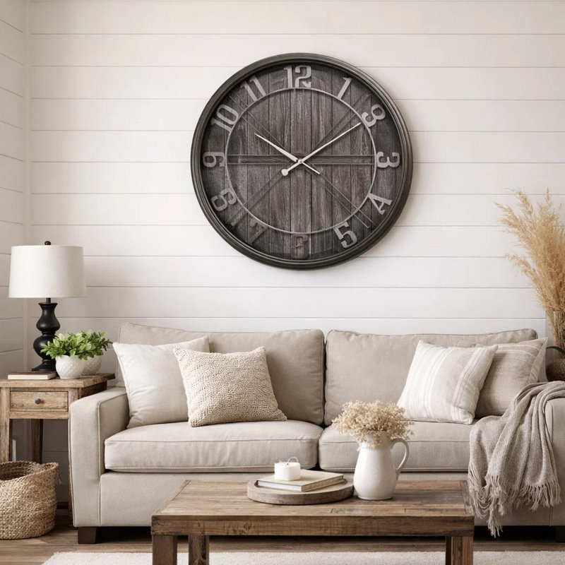 Horloge murale, 30 po, cadre rond brun, affichage analogique imprimé