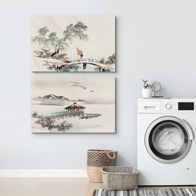 Paysage abstrait "Peinture à l'encre, arbres du lac Lanadscape", 2 pièces, Toile tendue, H 16 po x l 24 po