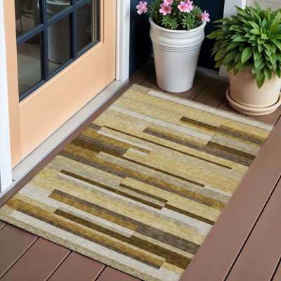 Tapis extérieur lavable à rayures taupe et or 3 pi x 5 pi kaki