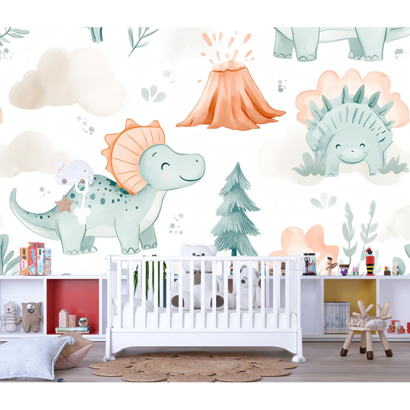 Dessin de dinosaure - Papier peint mignon pour chambre d'enfant et chambre de bébé, L 120 po x l 80 po, Non tissé