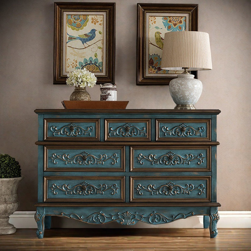 Commode décorative sculptée en bois massif à sept tiroirs, Bleu rétro