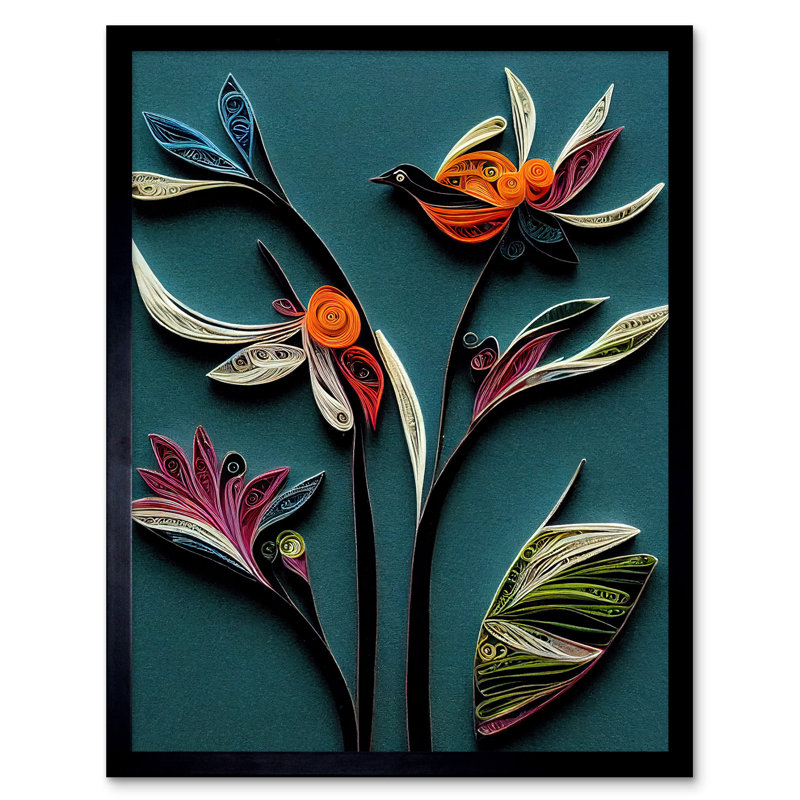 Paper Quilling Bird On Exotic Flower Plant - Single Picture Frame Print