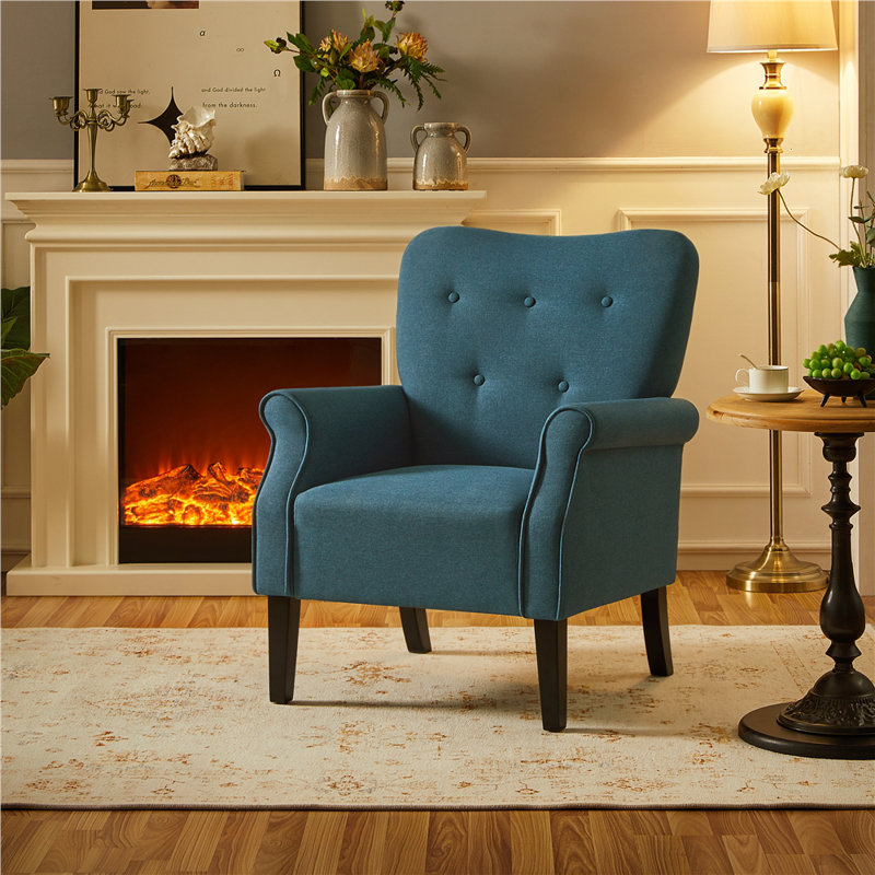 Button-Tufted Accent Chair - Solid Wood Legs with Rolled Arm, Navy Blue