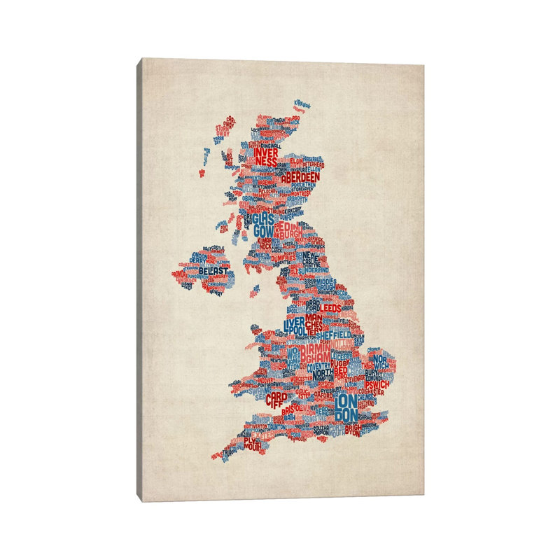 Great Britain UK City Text Map III by Michael Tompsett - Wrapped Canvas Print, 20.32 cm H x 30.48 cm W