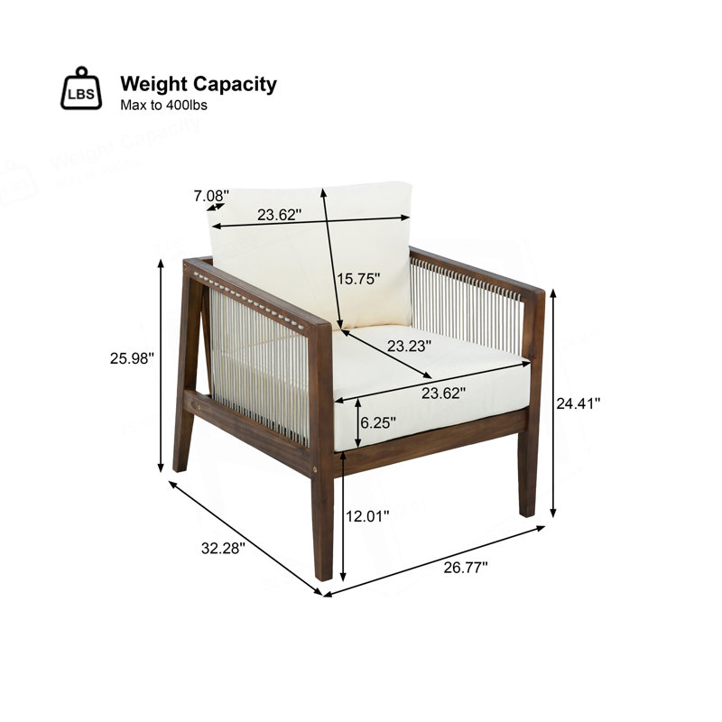Chaises club d'extérieur (ensemble de 2), structure en bois d'acacia avec dossier en corde, coussins beiges hydrofuges pour patio / cour arrière / terrasse