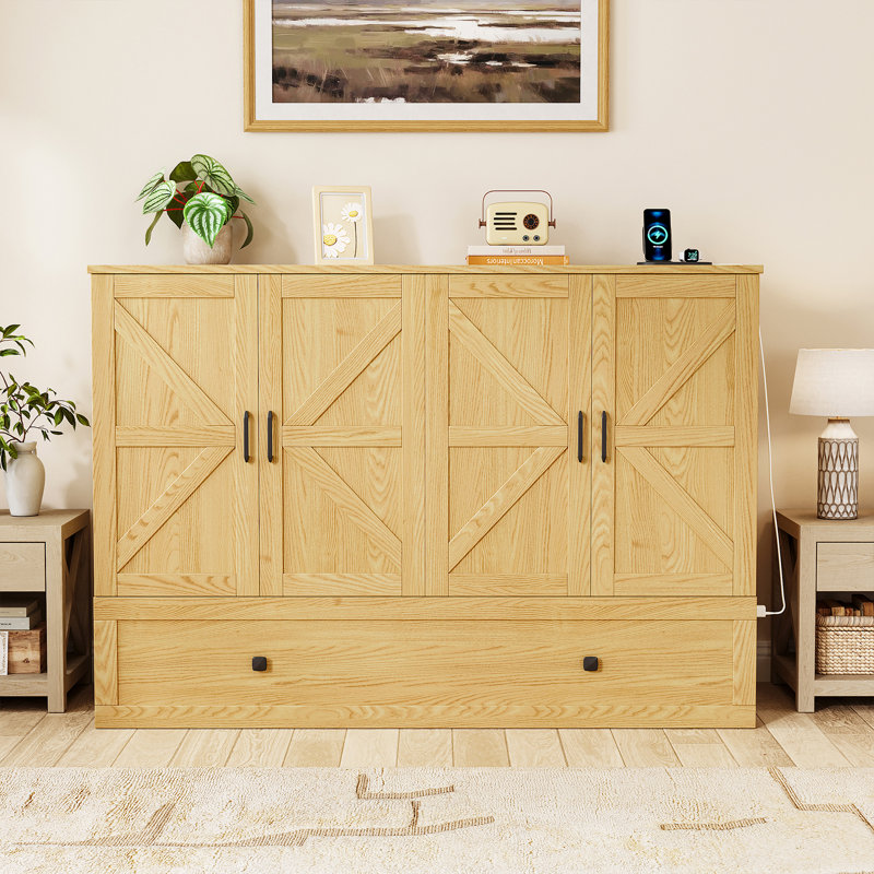 Lit escamotable avec rangement Farmhouse, armoire escamotable avec station de charge intégrée pour chambre à coucher, chambre d'amis
