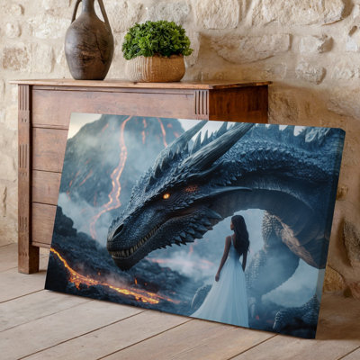 Canvas A Majestic Colossal Dragon With Intricate Scales And Fierce Amber Wall Art Eyes Looms In The Background Its Massive Head Canvas Wall Art
