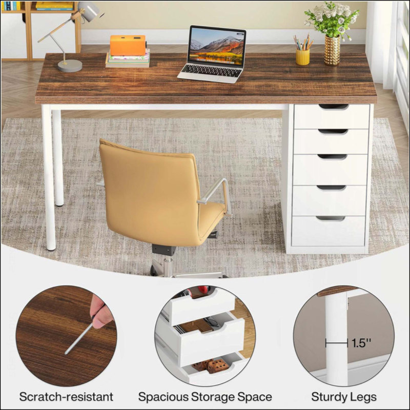 Bureau d'ordinateur avec 5 tiroirs, bureau à domicile avec rangement, bureau d'ordinateur simple et moderne, table d'écriture pour petits espaces (armoire à tiroir réversible)