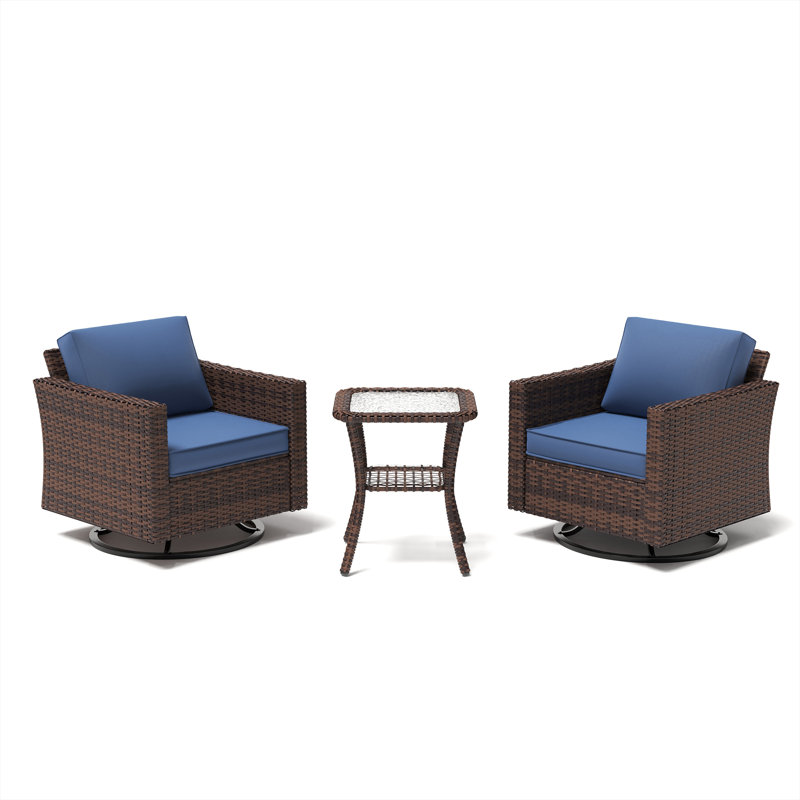  Ensemble 3 pièces d'extérieur en osier avec 2 chaises berçantes pivotantes et table d'appoint avec tablette, Bleu