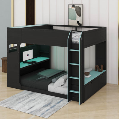 Lit mezzanine double en bois avec bureau à hauteur réglable, tiroirs, compartiments de rangement, tringle et lumières