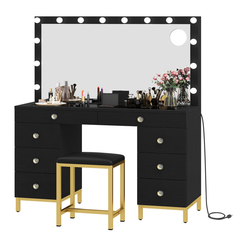 45.5" Vanity Table Set With Lighted Mirror & Charging Station & Stool, Black