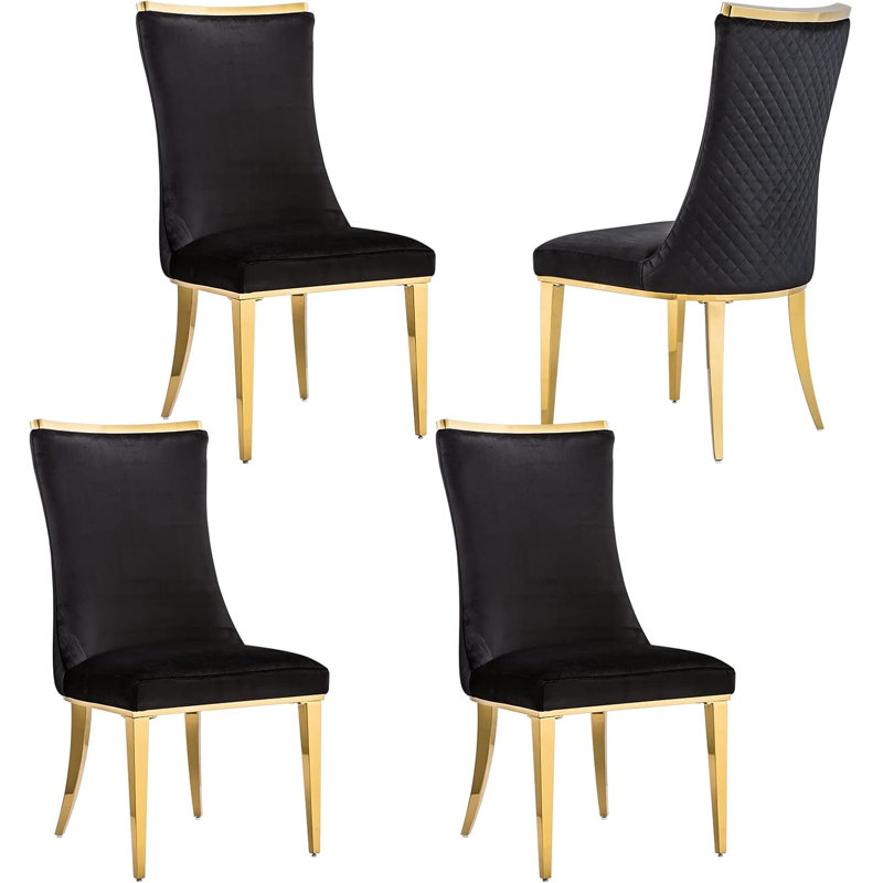 Luxury Black Velvet Dining Chairs Set Of 4 With Polished Gold Metal Legs