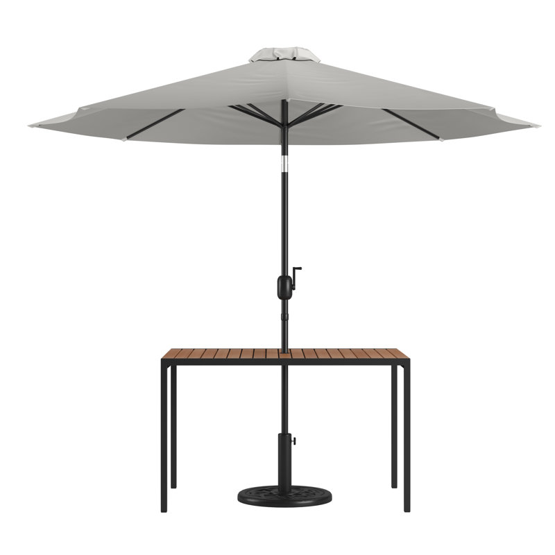 Saville Black Steel Framed 30" x 48" Faux Teak Patio Table-Tan 9FT Patio Umbrella-Base, Gray Umbrella