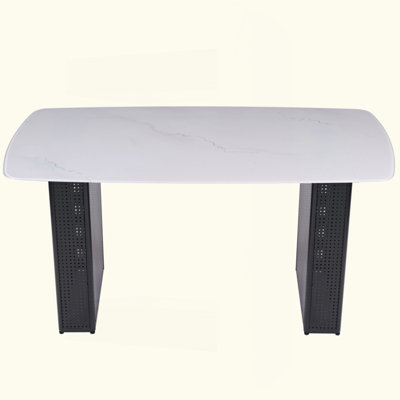 Modern Rectangular Tempered Glass Dining Table, Marble-Patterned Design With Dual-Pedestal Metal Base, Ideal For Dining Room & Home Office