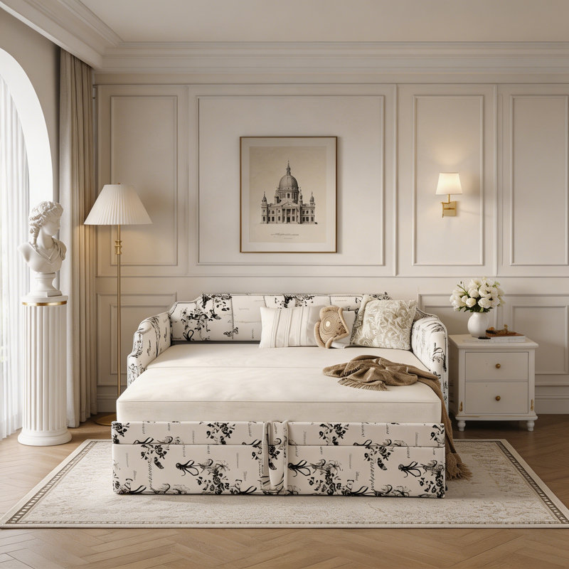 Lit de jour simple rembourré avec couchette escamotable et ports de chargement USB, White Tossed Botanical