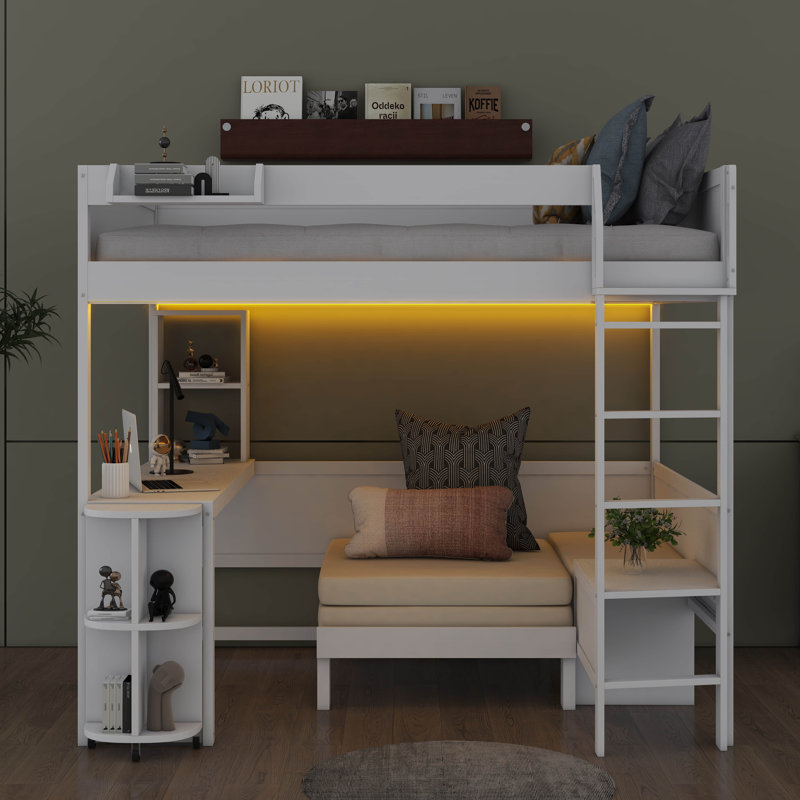 Lit mezzanine double en bois avec bureau, organisateur de chevet, canapé et système d'éclairage, Blanc