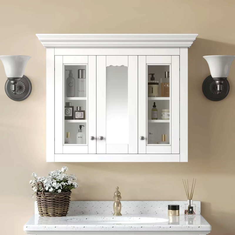 Armoire à pharmacie de 35 po avec miroir, 5 tablettes fermées et réglables, armoire de rangement murale avec portes en verre