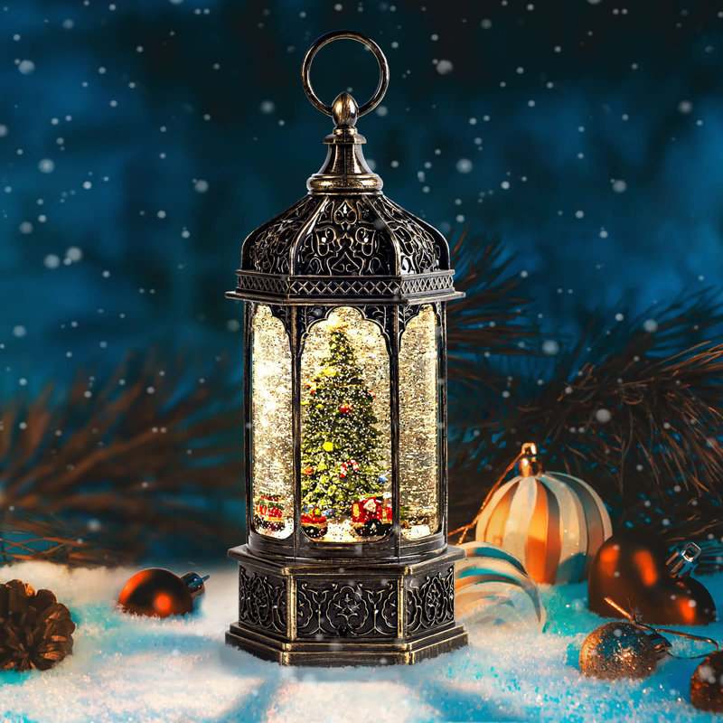 Lanterne cylindrique en forme de boule à neige en forme d'arbre de Noël en bronze - 8 morceaux, minuterie 6H, lumière clignotante | Décoration musicale boule de neige