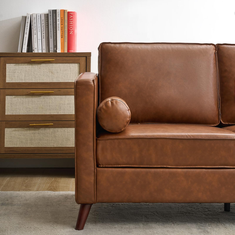 Canapé trois places en cuir – Canapé profond de style moderne du milieu du siècle (218 cm) avec dossier confortable, en cuir brun, imperméable et surdimensionné, idéal pour le salon ou le bureau.