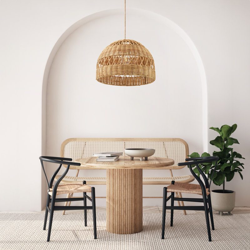 Luminaire suspendu en rotin Radiant - dôme naturel 1 lumière poli tissé à la main pour îlot de cuisine, cuisine, salle à manger, salon, chambre à coucher ou couloir dans un style moderne, campagnard et bohème