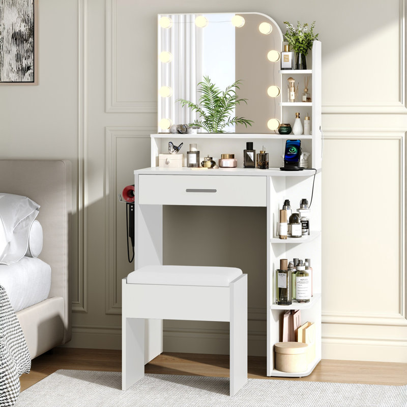 Ensemble de coiffeuse de maquillage avec tabouret, prise de courant et luminosité réglable à 3 modes, White
