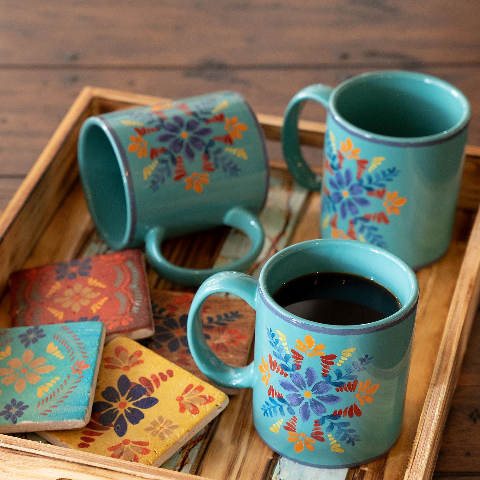 Ambor Talavera Western Floral Ceramic Coffee Mug Set (Set of 4) Dakota Fields