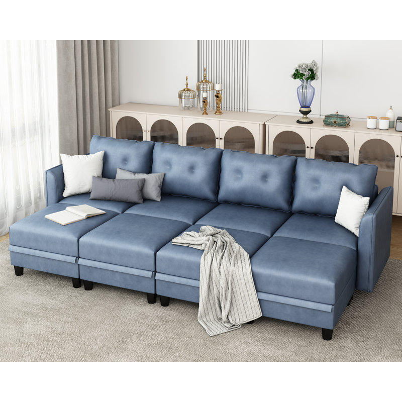 Canapé modulaire rembourré avec repose-pieds Zendajas, Mélange de polyester bleu ciel