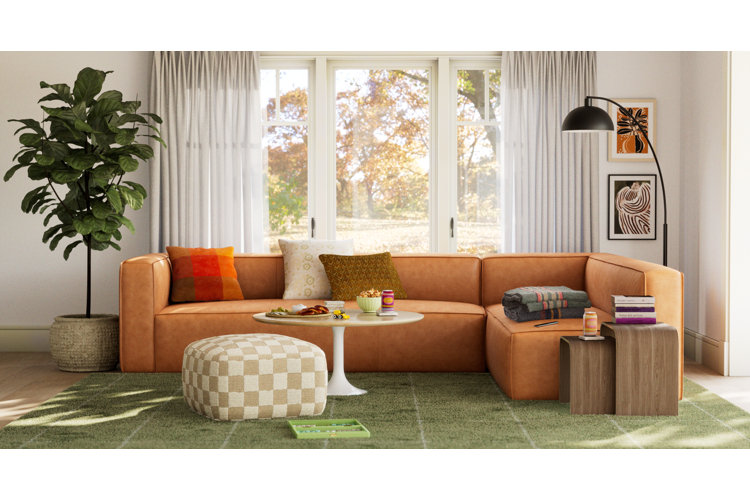 leather sofa multi colored throw pillows a green area rug beige and checkered ottoman and white coffee table with a fiddle leaf fig indoor plant net to the sofa