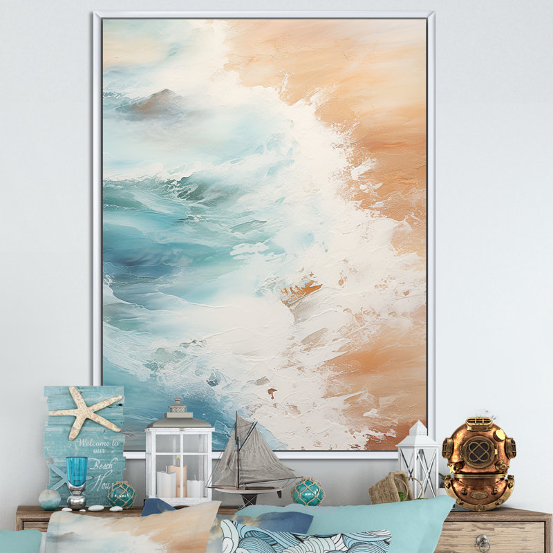 Vue aérienne de sable moderne bleu et beige II sur toile, H 32 po x l 16 po x P 1 po, Cadre flottant blanc