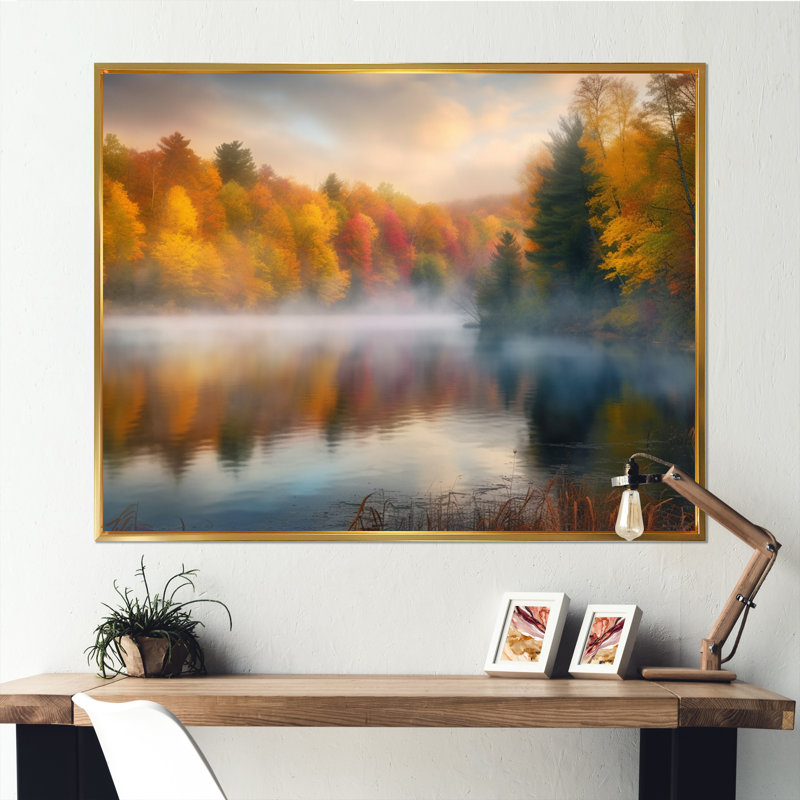 Misty Lake II - paysage forêt art mural salon, Cadre flottant doré, H 16 po x l 32 po x P 1 po