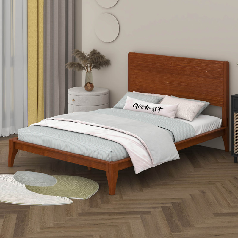 Lit plateforme en bambou, cadre de lit moderne Mid-Century avec tête de lit haute, support à lattes de bois, Double