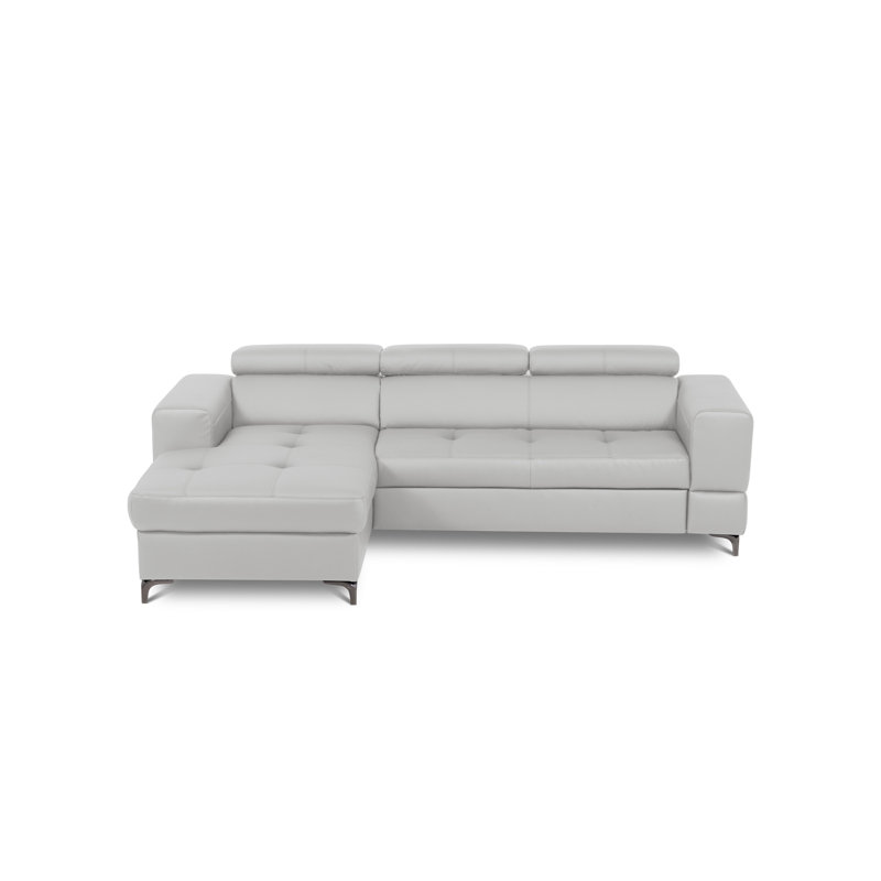 Tinos Genuine Leather Corner Sofa with Pull Out Bed with Storage and Adjustable Headrests, Light Grey, Left Hand Facing