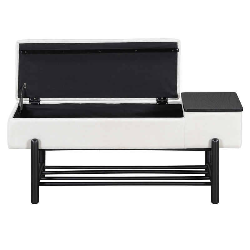 Entryway Bench With Hidden Compartment, Black, Beige Upholstered Fabric, Solid Rubber Wood Legs, Memory Foam Cushion, Shock - Absorbing Gas