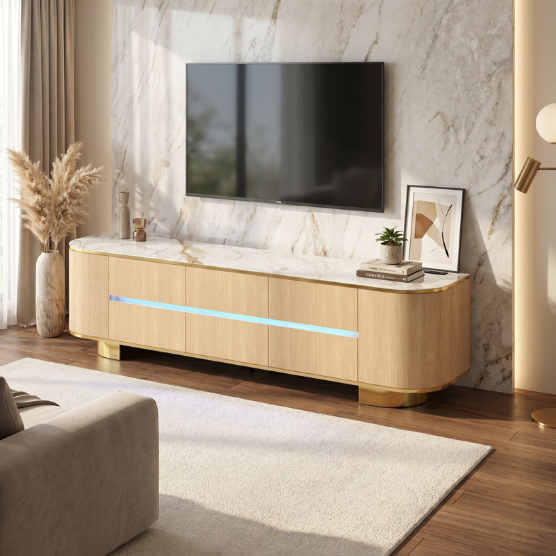 82.7'' Modern LED TV Stand With Power Outlet And High Gloss Marble UV Top, Curved Media Console With 6 Drawers, Yellow