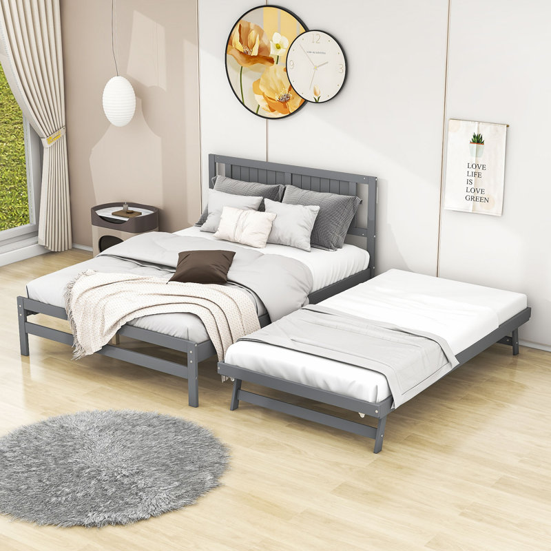Alvilda Full Size Wooden Platform Bed with Adjustable Trundle and Headboard, Gray